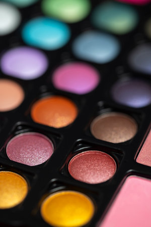 Close up of a makeup palette featuring a diverse range of eyeshadow colors, perfect for creating various beauty looksの写真素材