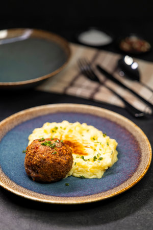 Typical Czech cuisine pork meatball with mashed potatoes