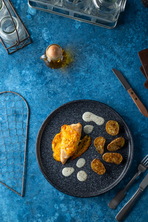 Delicious chicken cordon bleu served with roasted potatoes and white sauce, garnished with black pepper, on a blue restaurant tableの写真素材