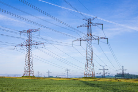 Electricity pylons transporting energy in a green field in Driten, Czechia, on a sunny day with blue...
