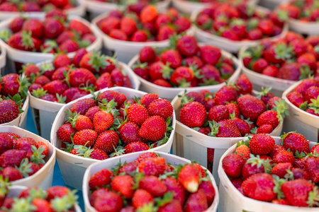 Ripe red strawberries are overflowing from small wooden baskets at a farmers market in Nyons, Franceの写真素材