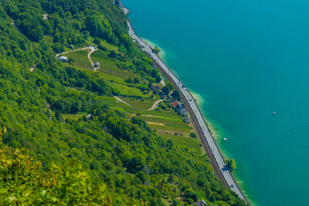 Breathtaking aerial view of Lac du Bourget, vineyards and road along the shore in Entrelacs, Savoie,...