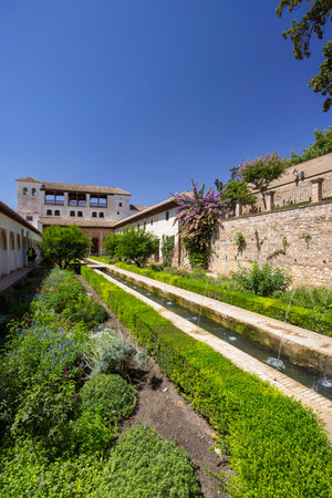 Scenic view of lush gardens with flowing water features at Generalife Palace in Alhambra, Granada,...