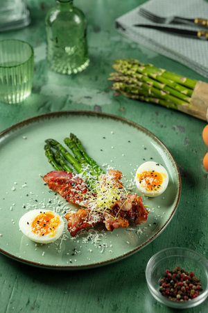 Green asparagus, bacon and boiled eggs seasoned with grated cheese and black sesame seeds create a healthy and delicious breakfastの写真素材