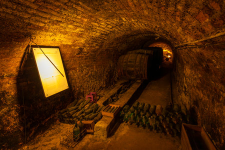 Dusty wine bottles resting in a traditional wine cellar in Falkenstein, Lower Austria, with a wooden barrel in the backgroundの写真素材