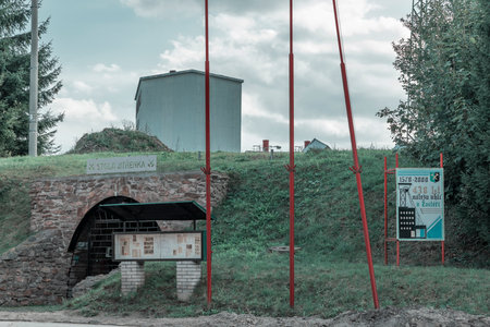 Jitrenka mine entrance with information boards in Lampertice, Czechiaの写真素材