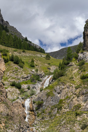 Mountain stream cascading through green valley in Argentera, Piedmont, Italyの写真素材