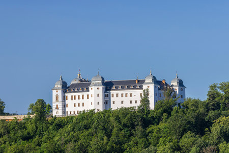 White Halic Castle with grey roof and domes surrounded by green trees in summer, Banskobystricky kraj, Slovakiaの写真素材