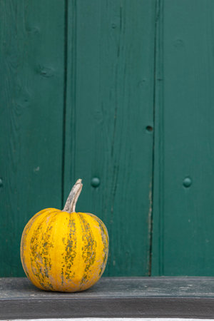 Yellow striped pumpkin decorating an entrance in Zellerndorf, Austriaの写真素材