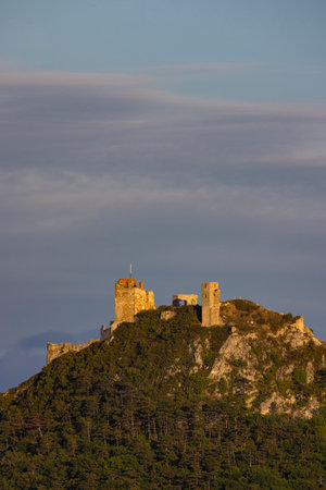 Staatz castle ruins perched on a forested hilltop at golden hourの写真素材