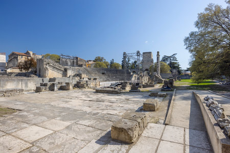 Ancient Roman Theatre ruins illustrating historical heritage preservation in Arles Provenceの写真素材