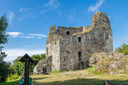 Primda Castle remains a historical landmark, standing on a hill in Plzensky kraj, Czechiaの写真素材