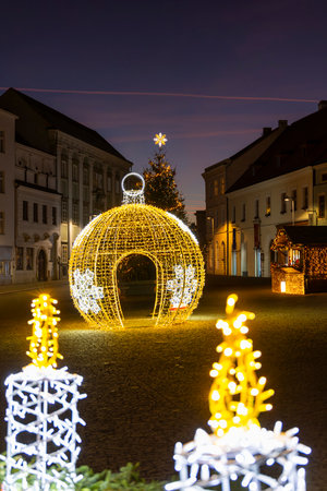 Illuminated Christmas ornament and Christmas tree decorating Dolni Ceska street in Znojmo, Czechiaの写真素材