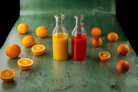 Different citrus fruits with fresh juices in glass bottles on a rustic backgroundの写真素材