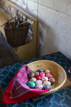 Hand painted Easter eggs in a basket showcasing Czech folk art traditions, Kourim, Czechia