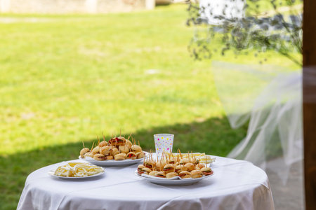 Appetizers and mini sandwiches preparing for a catering buffet at an outdoor party eventの写真素材