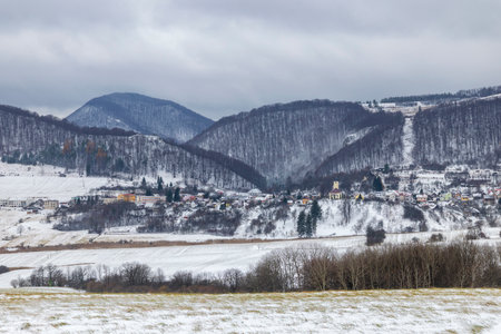 Village nestled among snow covered hills and forests, with a white field in the foregroundの写真素材