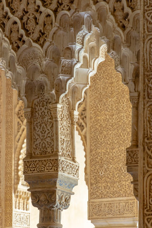 Alhambra palace intricate Islamic architecture details in Granada, Spainの写真素材