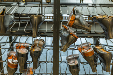 Leather shoe parts drying on a production line rack in a traditional Zlin workshop