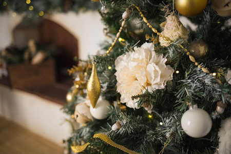 Pretty dressed up Christmas tree close-up. Background for holiday.の写真素材