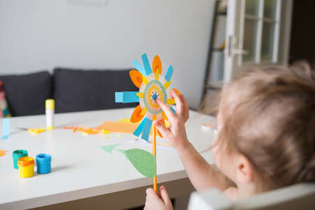 paper craft for kids. DIY flower made for mother's day or international women's day. create art for children.の写真素材