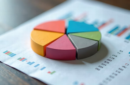 3D pie chart in pastel colors. symbol of statistics in economics, diversification and distributionの素材