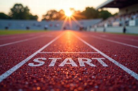 running track at the stadium in sunset light with the inscription start at the beginning of the path. concept of a new business, healthy habit, launching a new project.の素材