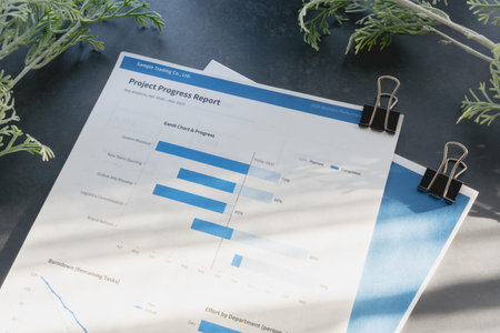 A close-up shot of a project progress report document featuring a Gantt chart and timeline with black binder clips on a dark background, representing schedule management.