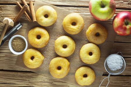 Apple Fritters With Ingredients On A Wooden Backgroundの写真素材