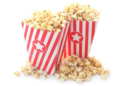 Popcorn In Red And White Cartons Isolated On Whiteの写真素材