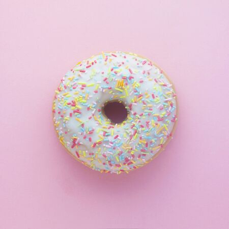 Top View Of A Doughnut On A Pink Backgroundの写真素材