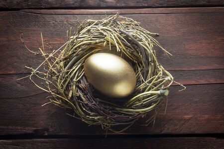 Easter Nest With A Golden Egg On A Wooden Background