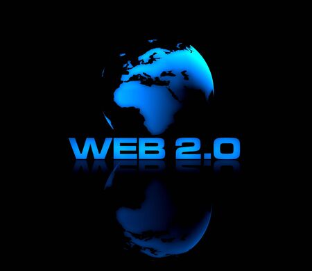 Abstract shiny globe on black background with WEB 2.0 type in front.の写真素材