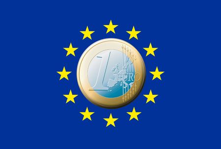 The european flag with one euro coin in the middle.の写真素材