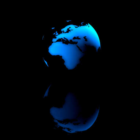 Abstract shiny globe on reflecting black ground.の写真素材