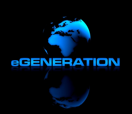 Abstract shiny globe on black background with eGENERATION type in front.の写真素材