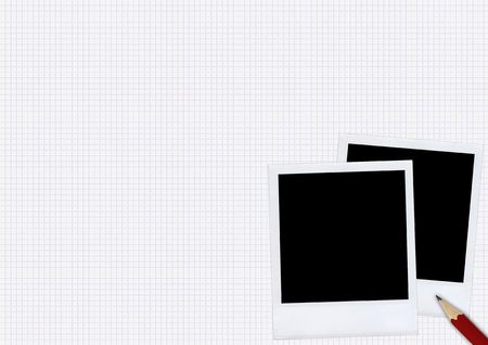 photos and pencil on checkered sheet of paper.の写真素材