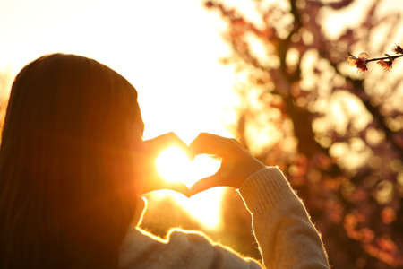Close up of a woman hands making heart shape at sunset in a fieldの写真素材