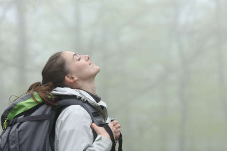 Side view portrait of a happy trekker breathing fresh air in a foggy forest