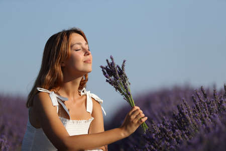 Relaxed woman holding bouquet smelling flowers in a lavender field at sunsetの写真素材