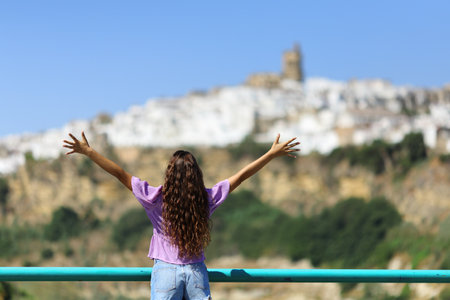 Back view portrait of a tourist celebrating vacation looking at town viewsの写真素材