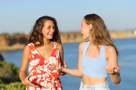 Two happy friends on summer holidays talking on the beachの写真素材