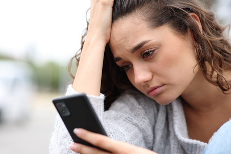 Sad woman checking phone message complaining in the streetの写真素材