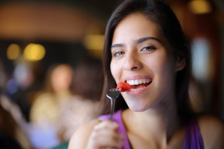 Happy woman eating strawberry in a restaurant interior and looks at cameraの写真素材
