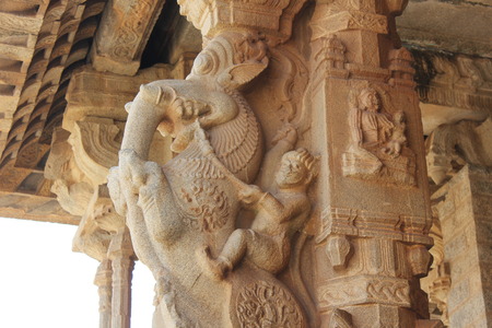 Hampi Vittala Temple pillar Man riding a Gaja elephant Yali mythical creatureの写真素材