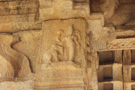 Hampi Vittala Temple Pillar Carving of lord mahavishnu blessing an elephantの写真素材