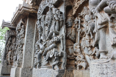 Hoysaleshwara Temple Wall carving behind another wall carvingのeditorial素材