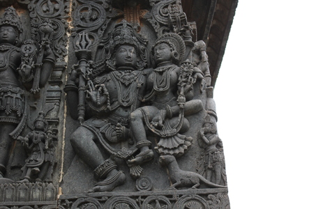Hoysaleswara Temple Carving of Lord shiva, Parvati and her vahana mongooseの写真素材