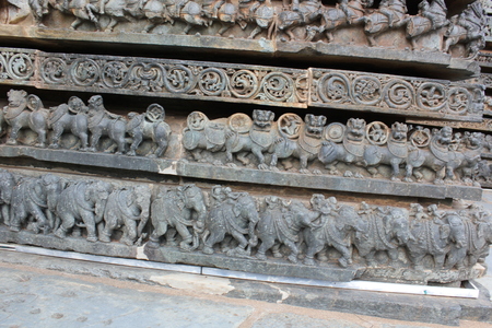 Hoysaleshwara Temple wall carving of various animals like elephant and yali (yazhi)の写真素材