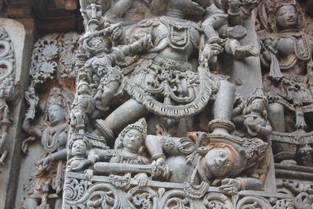 Hoysaleswara Temple Wall Carving of annihilation of a demonの写真素材